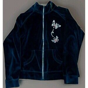 Y2K Fashion Bug Black Velour Butterfly Zip Up Jacket Women's Large Rhinestone